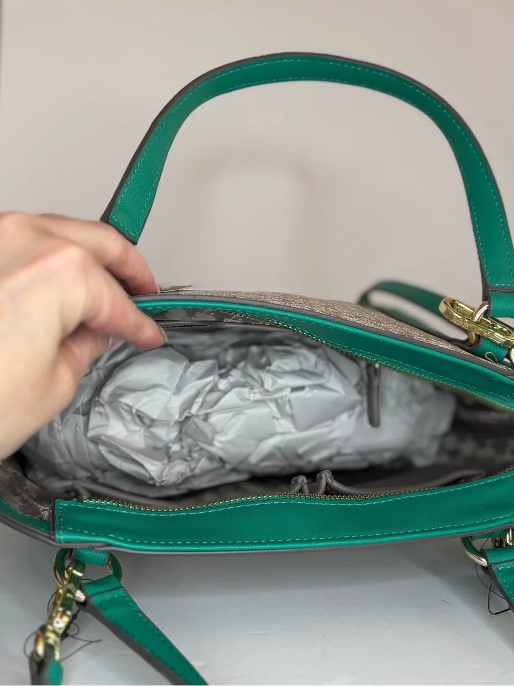 Karl Lagerfeld Teal and Beige Logo-Panel Satchel with Heart Charm